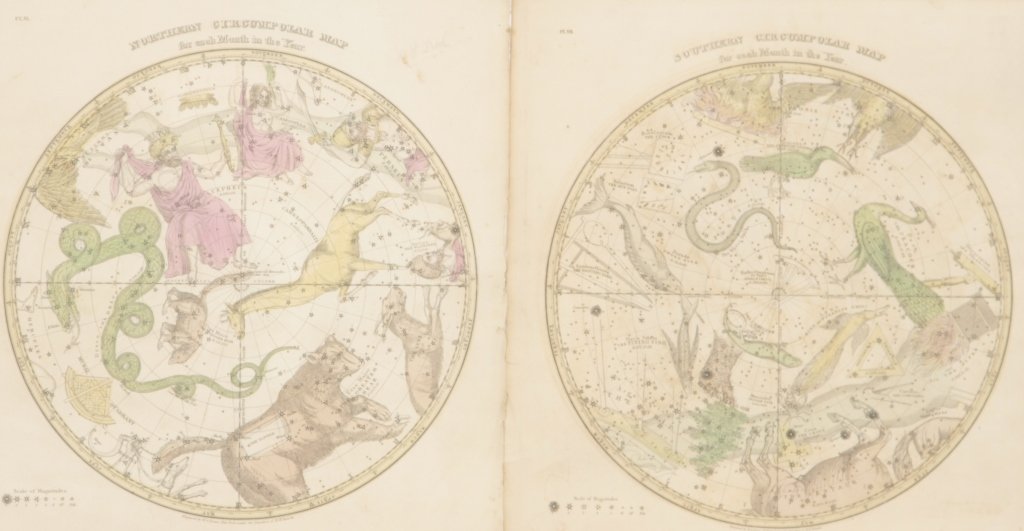 Group of Early 19th Century Celestial Maps: hand-colored engravings by W. G. Evans of New York, under the direction of editor E. H. Burritt. published 1835, Hartford, Connecticut by F. J. Huntington in the “Atlas of the Heavens”. the atlas 
