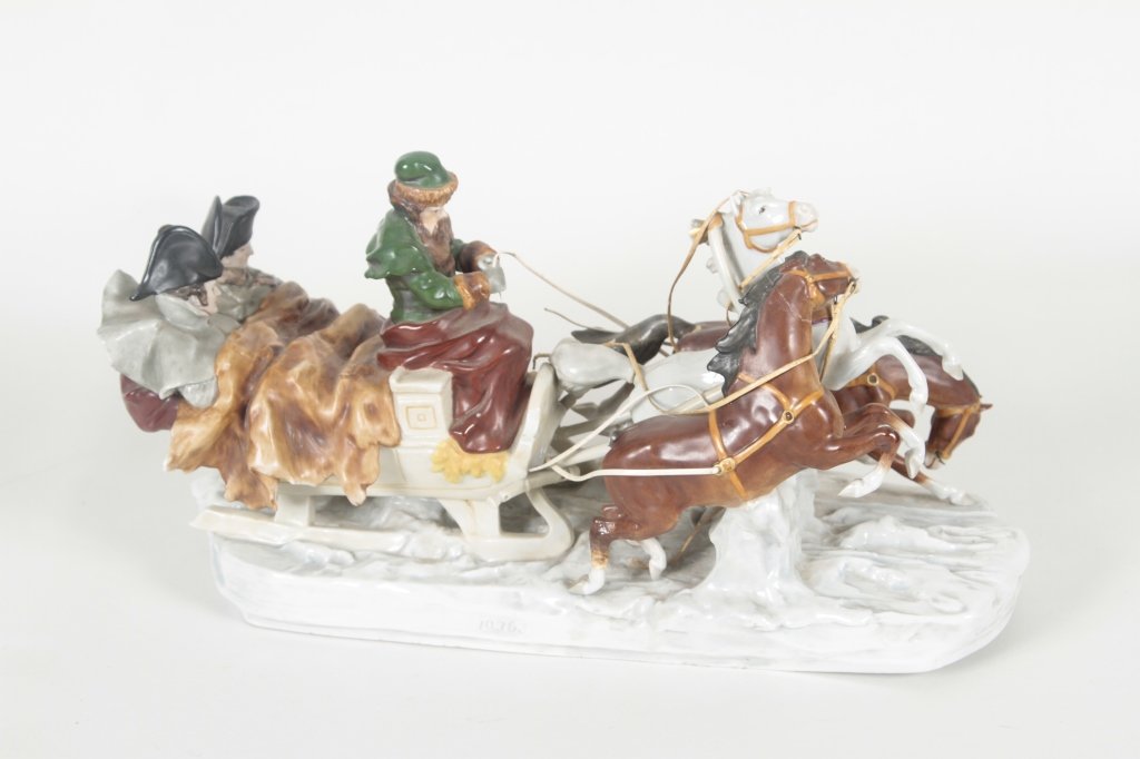 Sitzendorf German Porcelain Napoleon: in horse drawn sleigh. bearing marks at base. H8" L16" From the Private Collection of Mr. Carl Butler, Clayton, Georgia.