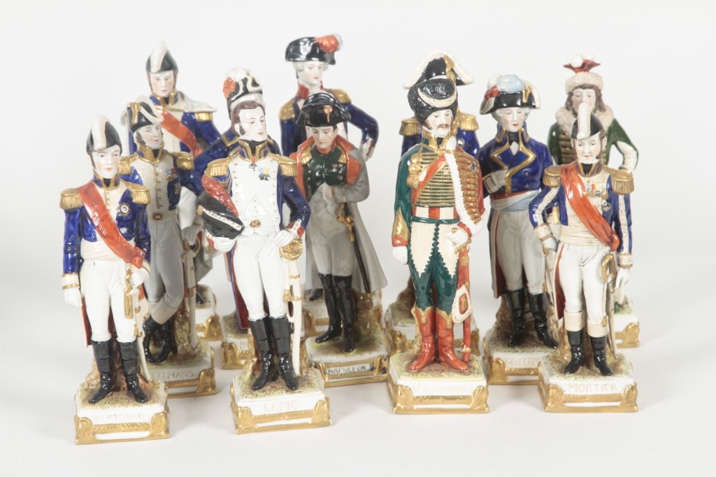 Collection of German Porcelain Napoleon Figures: Sitzendorf Porcelain. Napoleon and his eleven Generals. H9 3/4" From the Private Collection of Mr. Carl Butler, Clayton, Georgia.