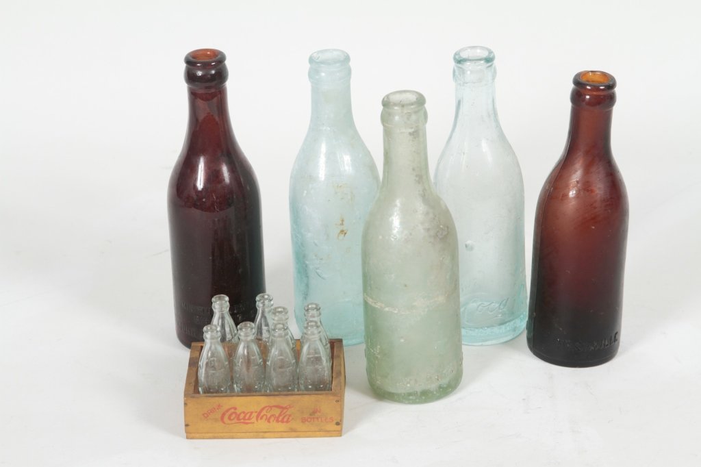 Five Vintage Southern Coca-Cola Bottles: to include straight-sided, base script, amber-colored bottle, Nashville, TN, bottom marked "Root", H7 1/4"; straight-sided, base script, amber-colored bottle, Johnson City, TN, marked "Root" on bottom