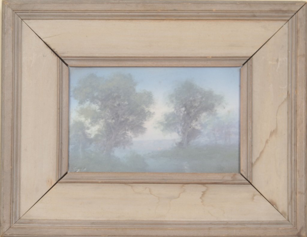 Rookwood Vellum Glaze Scenic Plaque, E. T. Hurley: Cincinnati, Ohio, dated 1922. signed in lower left corner and bearing Rookwood hallmark on verso. tile: H5” W8” From the Private Collection of Mr. Carl Butler, Clayton, Georgia.