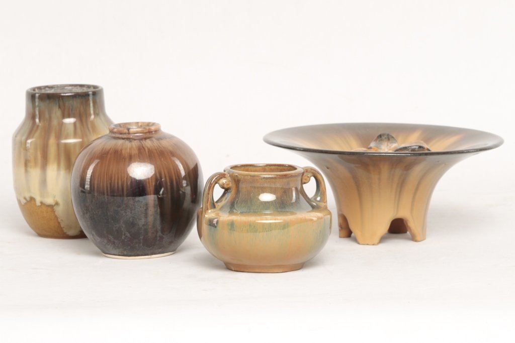 Four Fulper Art Pottery Vessels: New Jersey, early 20th century. bowl has original frog. H3" H2 7/8" H4 5/8" H4" From the Estate of Anita Hill, Jupiter, Florida.