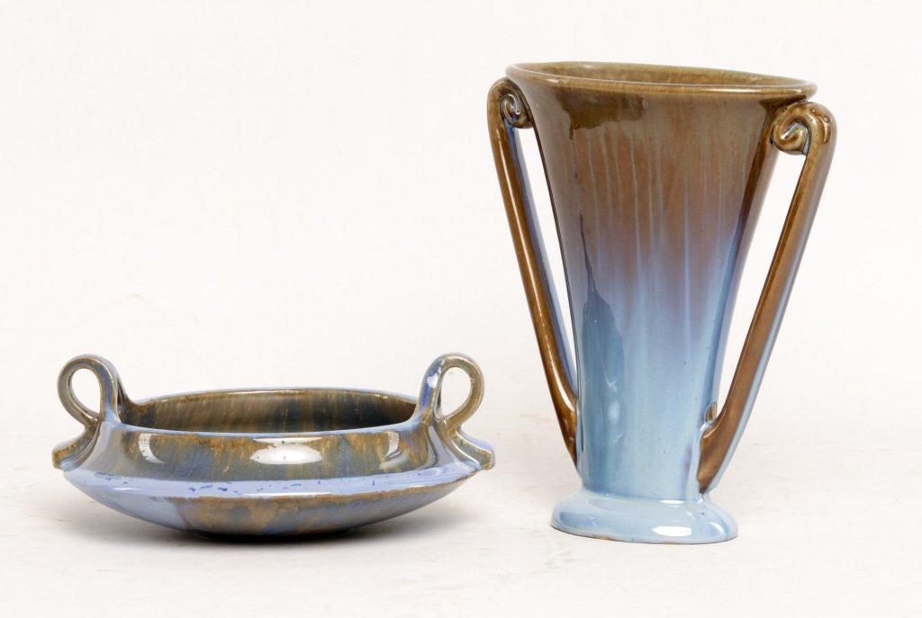 Two Fulper Art Pottery Vessels: New Jersey, early 20th century. each with very fine two-tone blue and green glaze. H7 7/8" H3" From the Estate of Anita Hill, Jupiter, Florida.