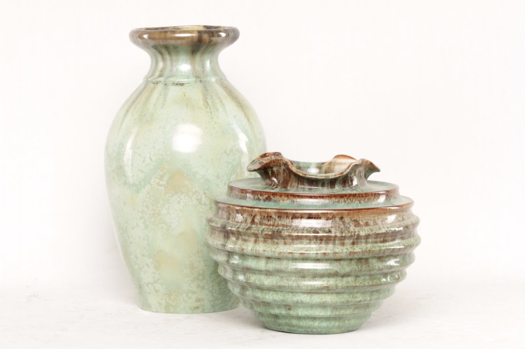 Two Fulper Art Pottery Vases: New Jersey, early 20th century. one cucumber glaze and another two-tone squat vase. H14" H8 1/4" From the Estate of Anita Hill, Jupiter, Florida. Note: Shorter vase unsigned. Larger vase has professio