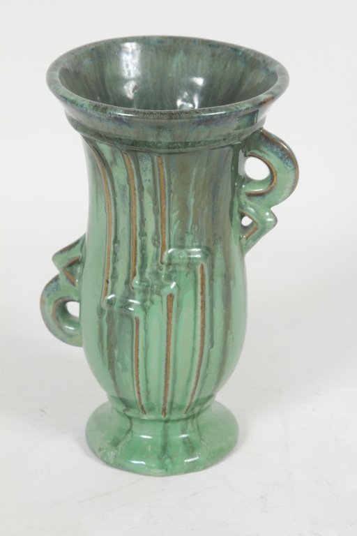 Fulper Green Glazed Pottery Vase: with geometric pattern and asymmetrical handles. stamped on base. H9 ½” From a West Palm Beach Private Collection.