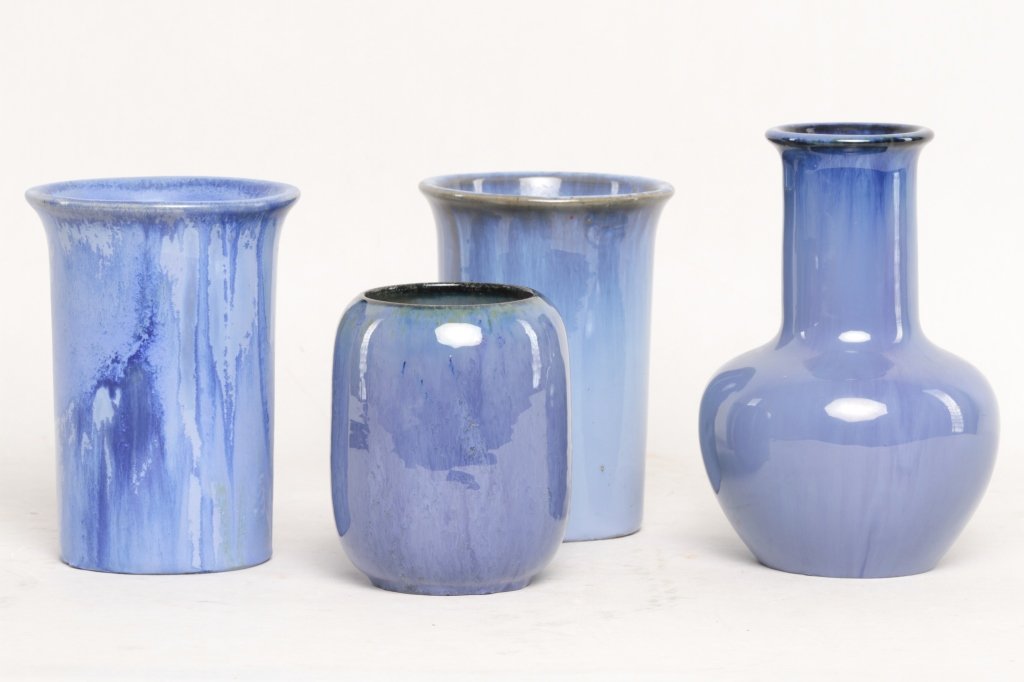 Four Fulper Art Pottery Vases: New Jersey, early 20th century. each with a fine blue glaze. H6 3/8" H6 1/8" H7 3/4" H5" From the Estate of Anita Hill, Jupiter, Florida.