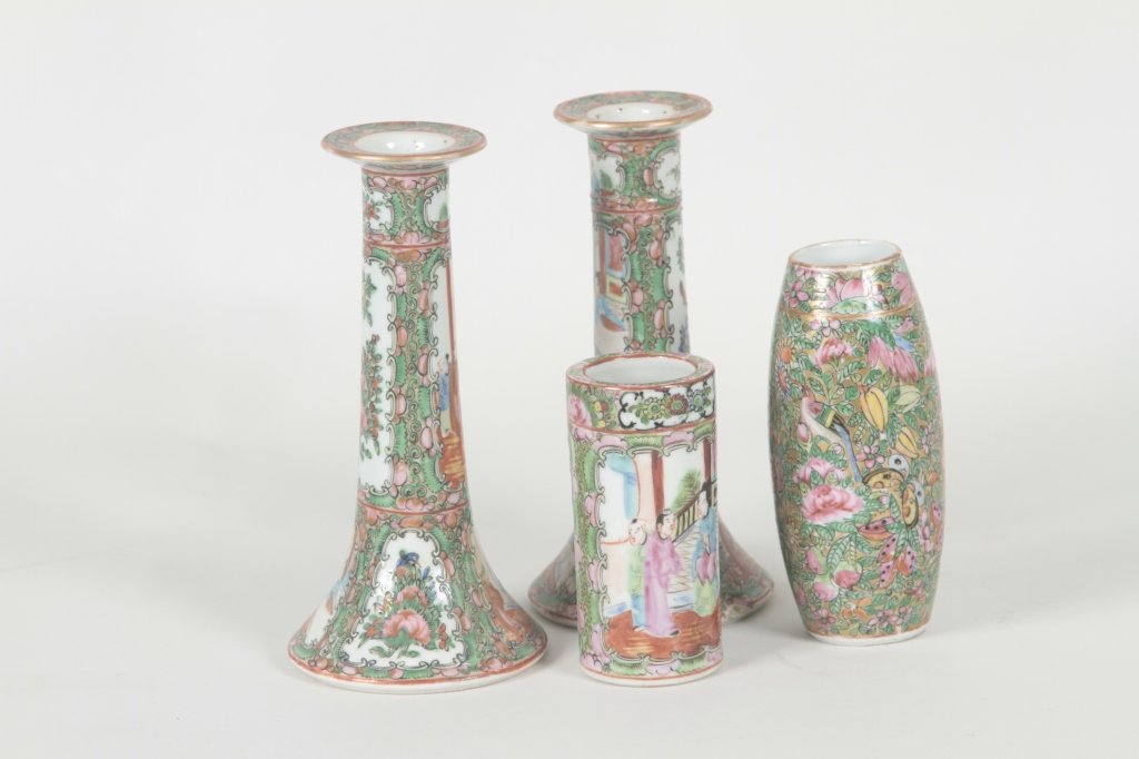 Chinese Export Porcelain, Rose Medallion Pattern: 19th century. pair of candlesticks, cylindrical, gilded and highly detailed vase in the Rose Canton variety, and small brush pot. From the Private Collection of Mr. Carl Butler, Clayton, Georgia.
