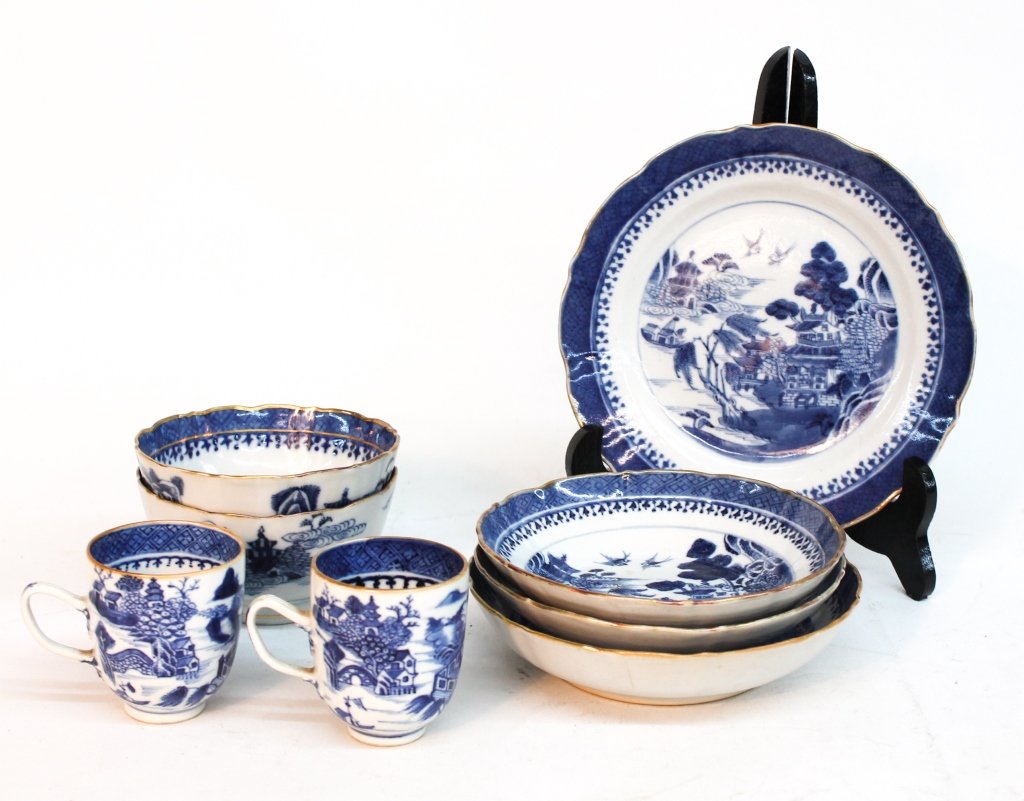 Chinese Export Porcelain, Nanking Pattern: 19th century. early dish with scalloped border together with dinner plate and four teacups. From the Private Collection of Mr. Carl Butler, Clayton, Georgia.