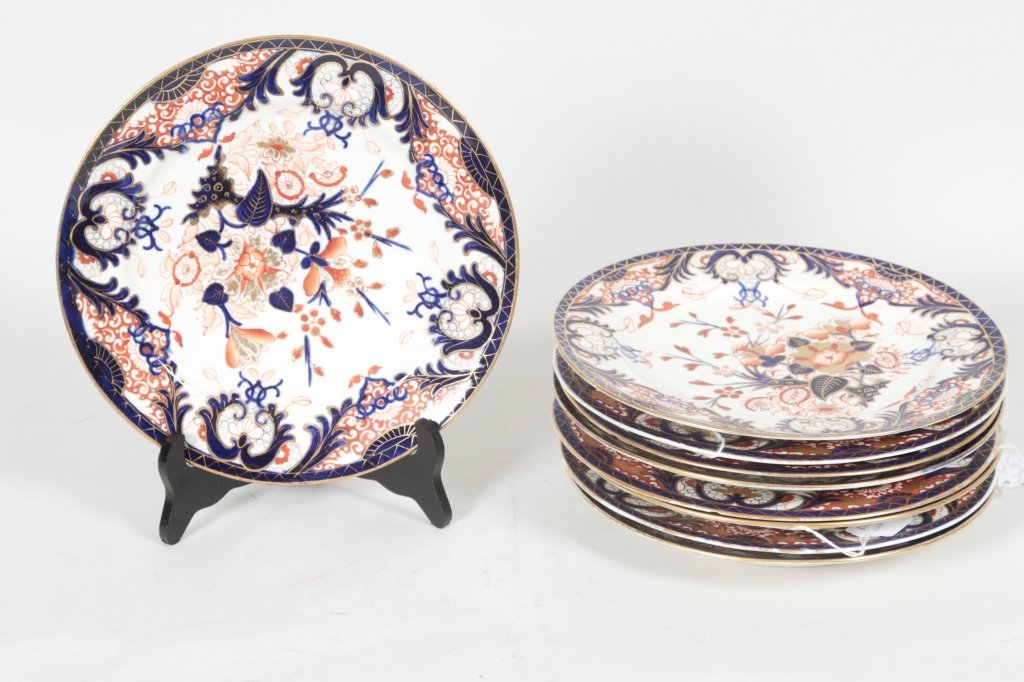 Fine English Blorr Derby Ironstone Plates: 19th century. Imari pattern. W10 1/8" Private Collection, Greenville, South Carolina.