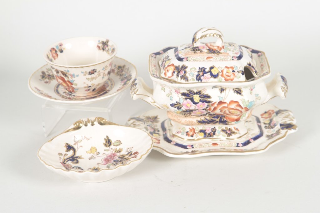 Mason’s Ironstone Mandarin Pattern: England, late 19th/early 20th century. sauce tureen, underplate, teacup and saucer. together with shell-formed dish in the Mandalay pattern. From the Private Collection of Mr. Carl Butler, Clayton, Ge