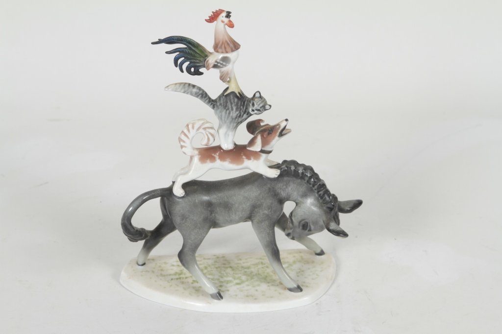 Rosenthal Porcelain German Figurine: stacked donkey, dog, cat, and rooster based on Brother’s Grimm “Musicians of Bremen” fairy tale. bearing impressed and printed marks on base. H9 ½”