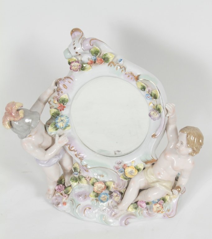 Meissen Style Porcelain Mirror: with applied flowers and gilding. H14”