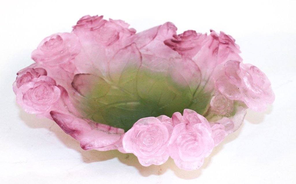 Daum Crystal Pate de Verre “Roses” Bowl: France, 20th century. violet roses and green leaf center. signed “Daum France” on base. H4” Dia. 9” From a Private Southampton, New York Estate.