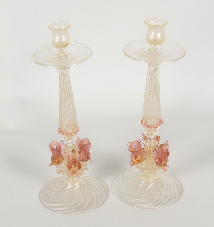 Large Pair Fine Venetian Glass Candlesticks: early 20th century. H14 3/4" Private Collection, Greenville, South Carolina.
