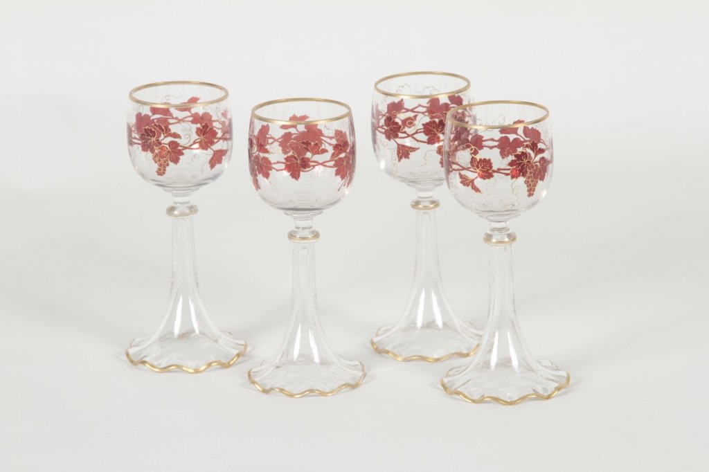 Set of Four Bohemian Glass Stems: circa 1900. with fine detailed decoration. H6 1/4" W 3/4" From the Private Collection of Mr. Carl Butler, Clayton, Georgia.