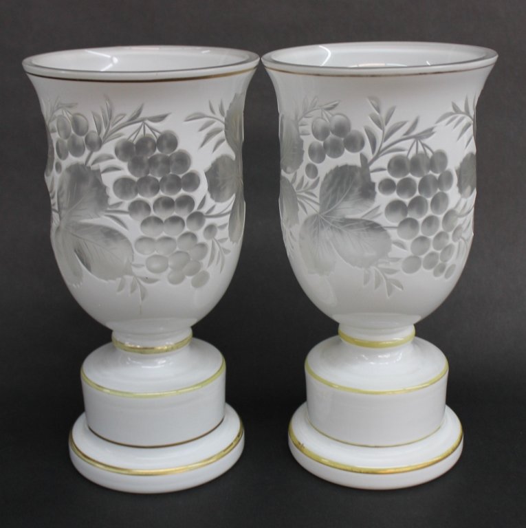 Pair Czechoslovakian Etched Glass Candle Holders: 19th century. with etched grapevine pattern on shade and marked “Czechoslovakia” on base. H9” From the Private Collection of Mr. Carl Butler, Clayton, Georgia.