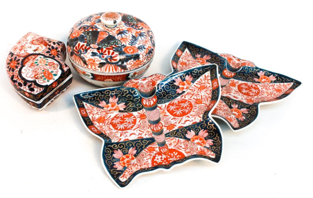 Japanese Export Porcelain Imari Covered Boxes: mid to late 19th century. pair butterfly form serving platters, together with circular and fan-shaped covered boxes. platters: W9 ¾” From the Private Collection of Mr. Carl Butler, Clayton, Georgia