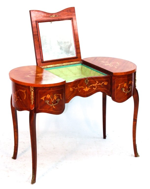 French Art Deco Inlaid Ladies Dressing Stand: Continental, early 20th century. with inlaid top and mirrored interior in elegant form. H29 1/4" W39 1/8" D21 1/2" From a Private Southampton, New York Estate.