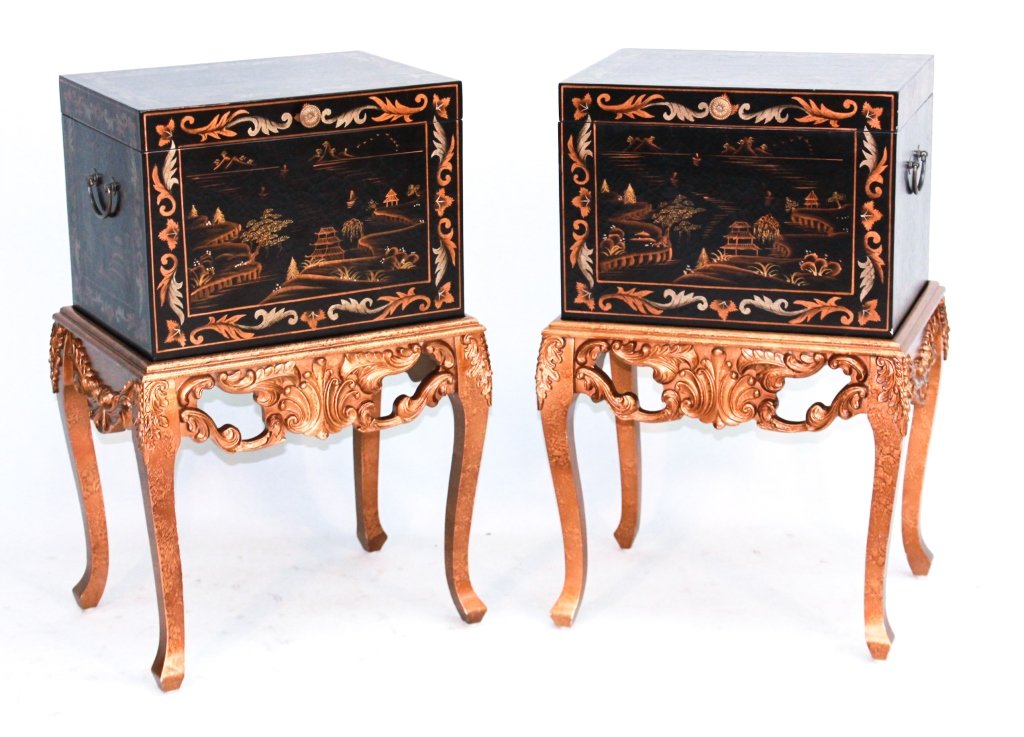 Pair Chinese Chippendale Style Trunks on Stands: 20th century. with japanned surface and carved base. H31' W20" D15 1/2" From a Private Southampton, New York Estate.