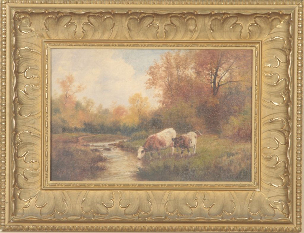 British School Pastoral Landscape: late 19th/early 20th century. oil on board autumn scene depicting cows by river. signed “Chas G. Share” in lower right corner. framed: H11 ½” W18” From the Private Collection of Mr. Carl Butl