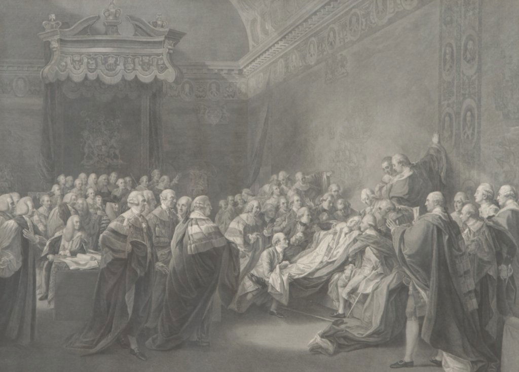 Francesco Bartolozzi: (Italy, 1728-1815) engraving after John Singleton Copley’s “The Death of the Earl of Chatham”. published in London, 1791 by J. S. Copley. bearing a British royal seal at center, Bartolozzi marke