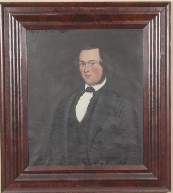 American School: 19th century. oil on canvas in period frame made by Elam Dole, cabinetmaker in Methuen Village, Massachusetts. H27” W23” From the Private Collection of Mr. Carl Butler, Clayton, Georgia.