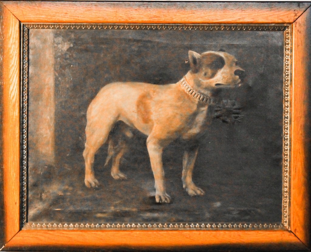 British School: dated 1889. oil on canvas portrait of a pitbull, reading “Grid” at lower right above date. framed: H21 ½” W28 ½ From the Private Collection of Mr. Carl Butler, Clayton, Georgia.