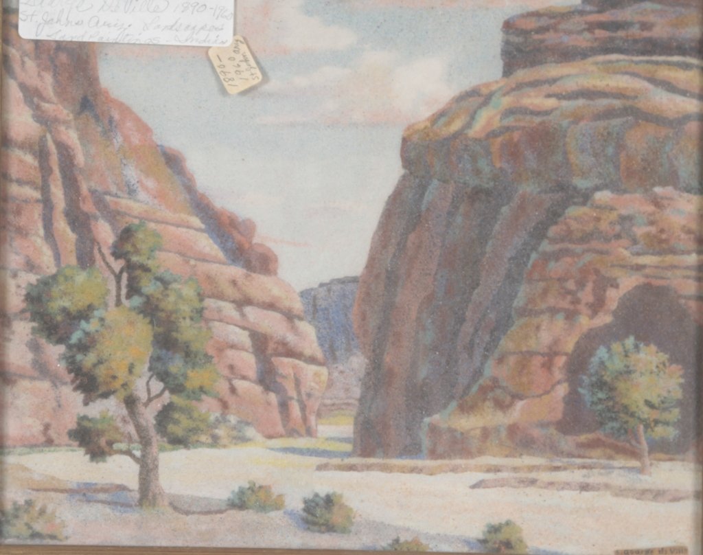 George De Ville: (America, 1890-1960) New Mexico sand painting. framed: H12 3/4" W15" From the Estate of Anita Hill, Jupiter, Florida.