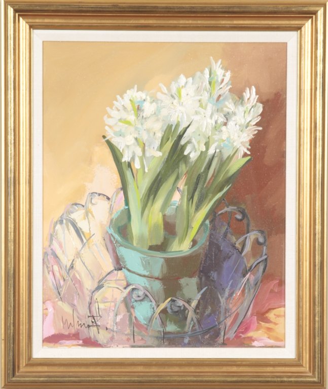 Jeanne Nelson Szabo: (American, 1926 - 2012) oil on canvas still life depicting white hyacinth. signed in lower right corner. framed: H15 ½” W19 ½” From the Private Collection of Mr. Carl Butler, Clayton, Georgia.