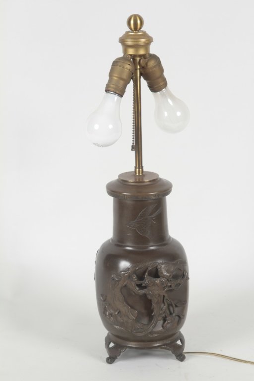 Antique Chinese Bronze Vase: relief decorated with a man in a nature scene. converted to lamp. H23” From the Private Collection of Mr. Carl Butler, Clayton, Georgia.