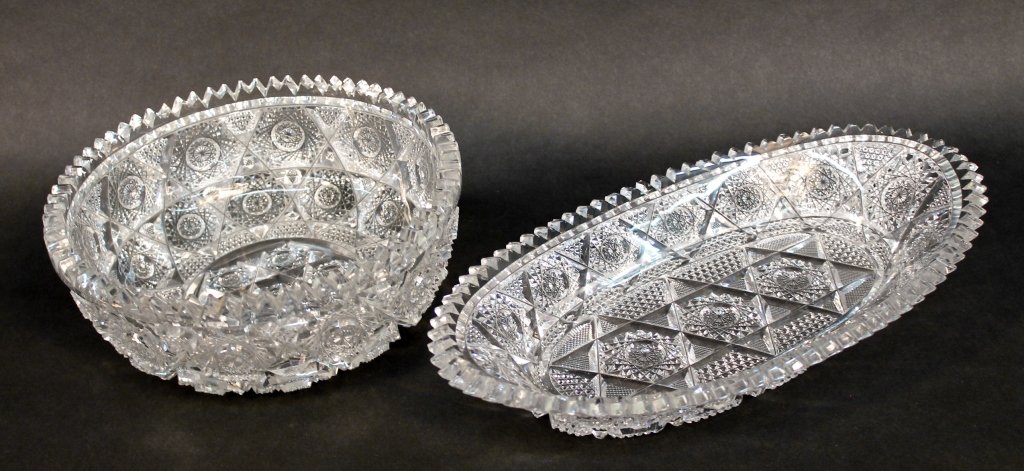 Two American Brilliant Cut Crystal Dishes: Maple City Glass Company, Pennsylvania, 1898-1911. “emerald” pattern, bearing maple leaf hallmark. H3 ¼” Dia. 8” From the Private Collection of Mr. Carl Butler, Clayton, Georgia.