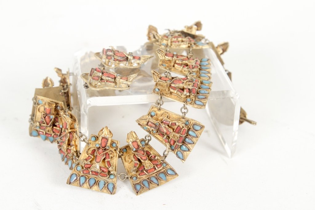 Antique Thai Buddha Figural Necklace & Earrings: brass set with blue glass and coral, finely carved with visible facial features. L21”