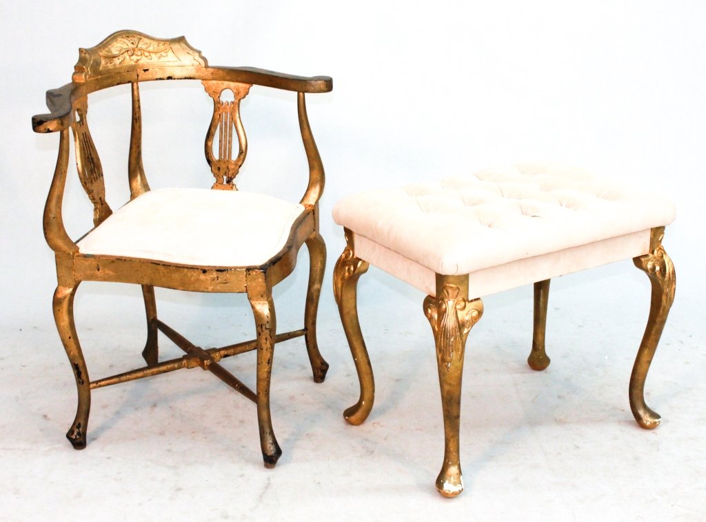 Art Nouveau Carved & Gilded Corner Chair & Stool: circa 1900. H27 1/4" W24" D23" H21 3/4" W16 1/4" D22" From a Private Southampton, New York Estate.