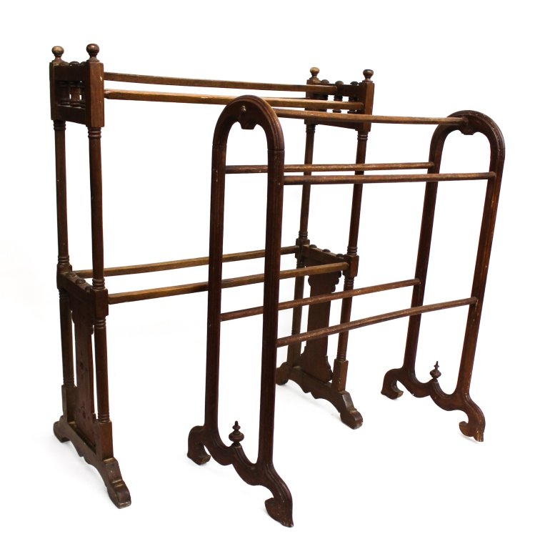 Two Victorian Walnut Quilt Racks: late 19th century. each with five rods for holding folded quilts. H to 32" W to 25" From the Private Collection of Mr. Carl Butler, Clayton, Georgia.