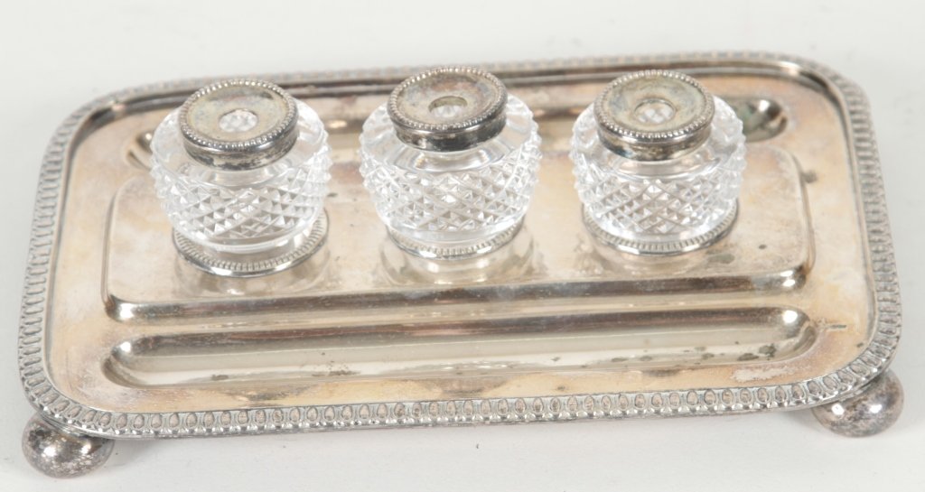 Walker and Hall Silver Plated Triple Inkwell: Sheffield, England, late19th/early 20th century. L9 ¾” From the Private Collection of Mr. Carl Butler, Clayton, Georgia.