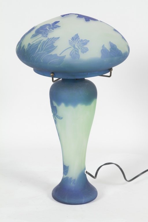 Art Nouveau Cameo Glass Lamp after Galle: 20th century. raised blue leaves and flowers on a blue and green ground. marked at base. H20” From a West Palm Beach Private Collection.