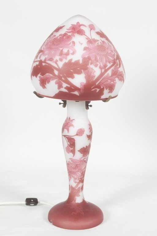 Tip Galle” Art Nouveau Cameo Glass Lamp: 20th century, Romania. mushroom form, pink flowers on a white ground. H22” From a West Palm Beach Private Collection.