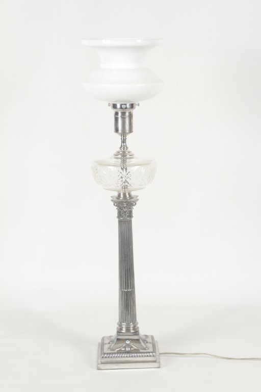 Continental Adams Style Silver Plate Table Lamp: 20th century. H32 1/4" From the Private Collection of Mr. Carl Butler, Clayton, Georgia.