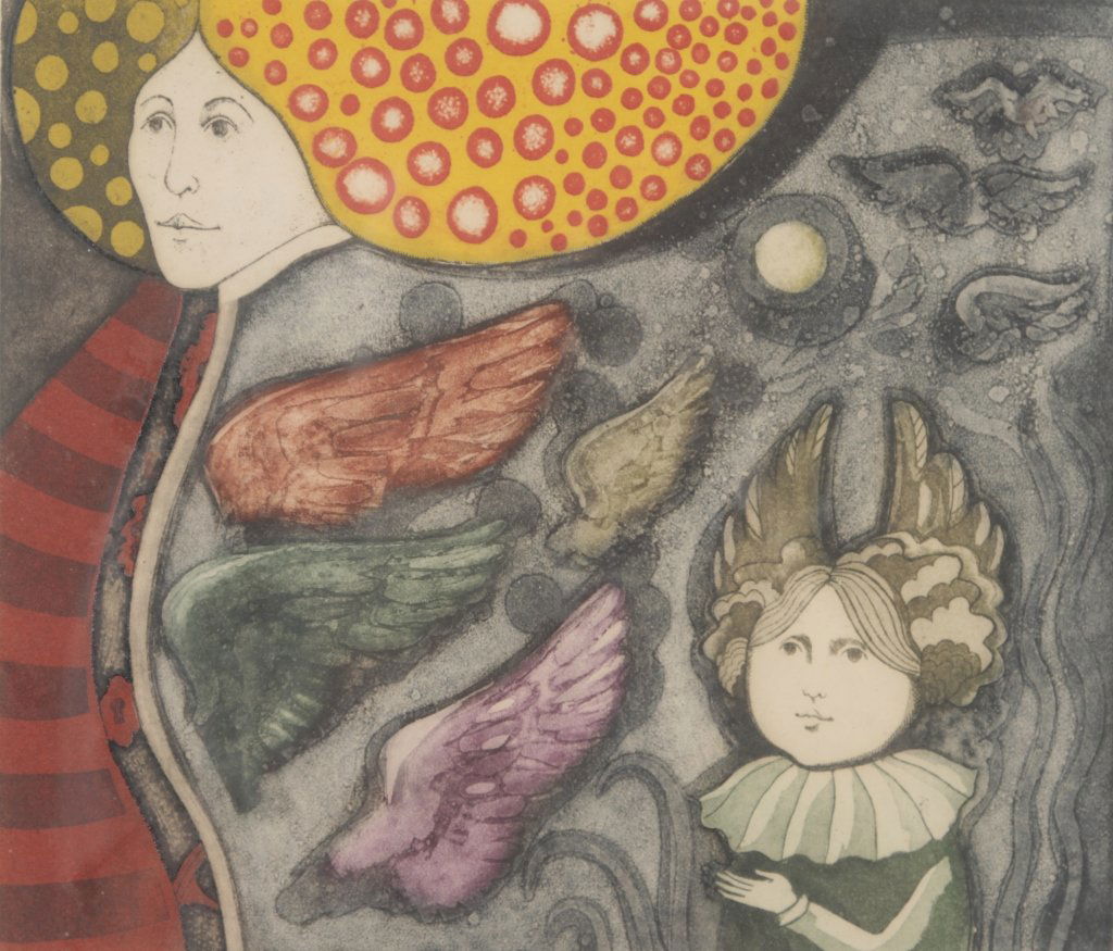 Leticia Tarrago: (Mexico, b. 1940) color etching on paper, entitled “Angelus”. signed, entitled, and numbered 142/250 in pencil at bottom. framed: H11 ½” W13 ½”