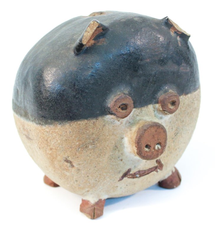 Southern Stoneware Figural Pig Bank: Alabama. early to mid 20th century. H5 3/4" From the Private Collection of Mr. & Mrs. Gary Thompson, Travelers Rest, South Carolina.