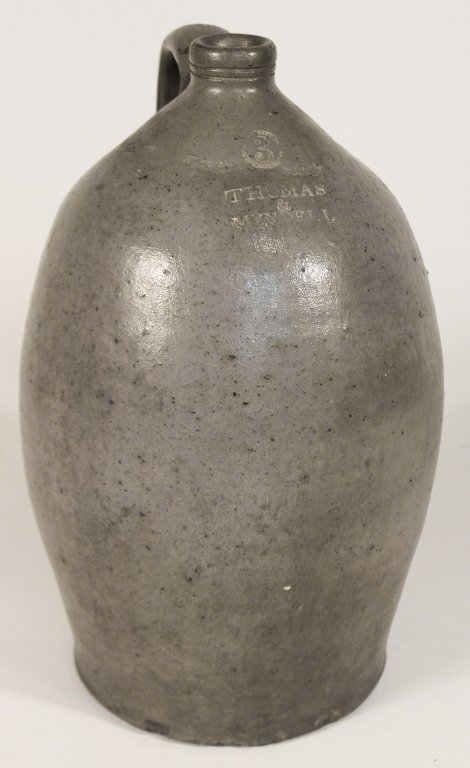 Exceedingly Rare Southern Stoneware Jug: Maysville, Kentucky, circa 1840. signed Thomas and Mendell. Isaac Thomas (1791 - 1877) Joseph Claghorn Mendell (1796 - 1863). H16" W10"