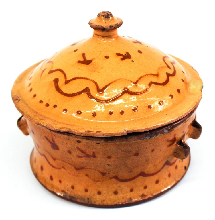 American Redware Covered Sugar Bowl: Pennsylvania or North Carolina, 19th century. H5 1/8" W6"
