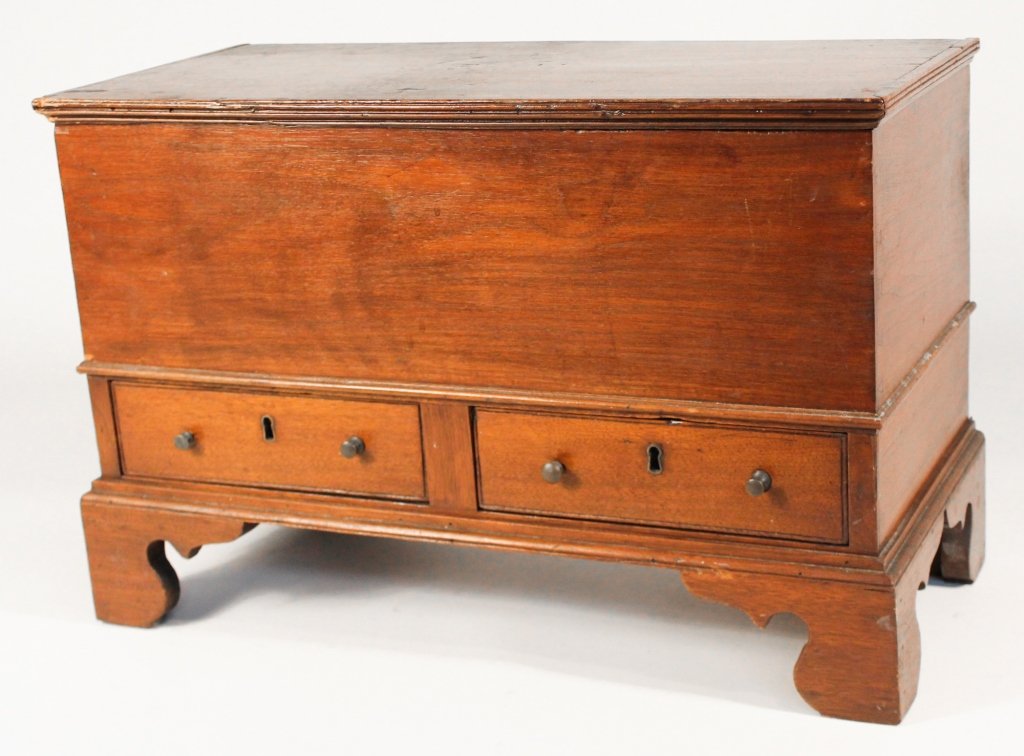Chippendale Miniature Walnut Blanket Box: possibly Virginia, early 19th century. hinged lid over dovetailed box, above two drawers, on cut-out bracket feet. white and yellow pine secondary woods. H16" W24 3/4" D11 7/8" Private Upcountry, Sout