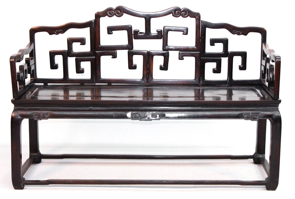Antique Chinese Carved Zitan Settee: Qing long period. triple back of open design, similar arms, solid seat on shaped legs with stretchers. H39 1/4" SH20 1/2" W58 3/4" D22"