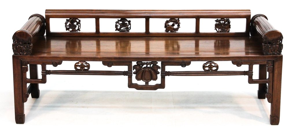 Antique Chinese Carved Hongmu Bed: Qing period. open back with carved medallions, rolling head. rests, solid seat on straight molded legs. H27 1/2" SH20" W72 1/4" D23 1/2"