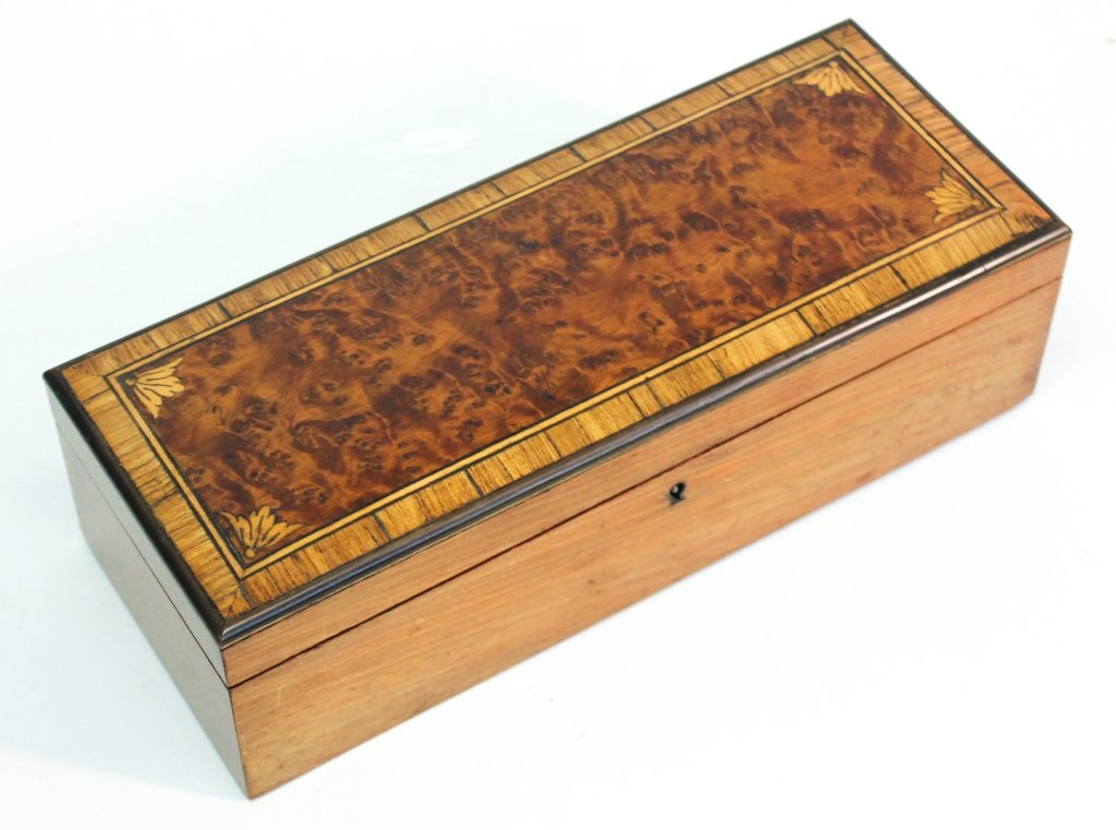 Regency Inlaid Mahogany Glove Box: mid 19th century. slightly domed lid with banding around burl panel and bellflowers, opening to lined box. H3 3/4" W12 1/4" D4 3/4"