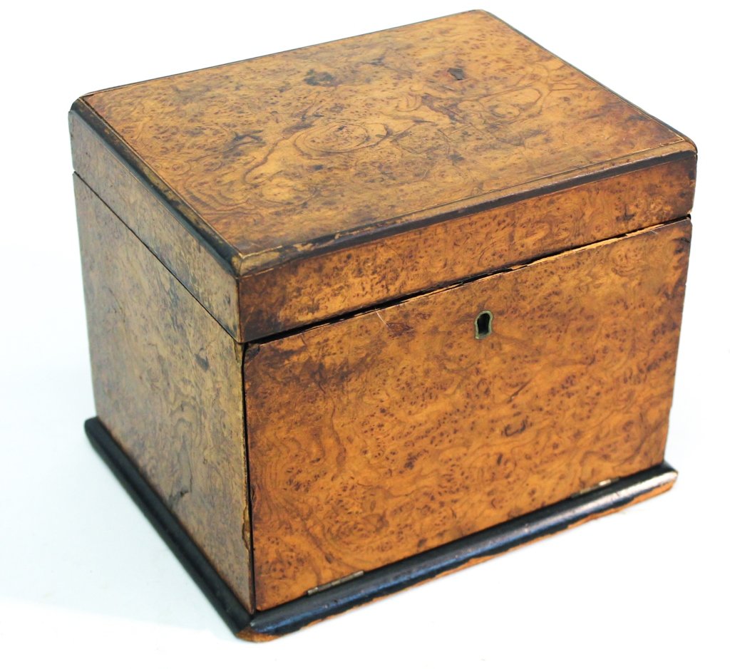 Burlwood Jewelry Box: probably English, mid 19th century. lift-top and fall-front open to reveal a tray above two drawers on moded base. H6 3/4" W8 1/2" D6 3/4"