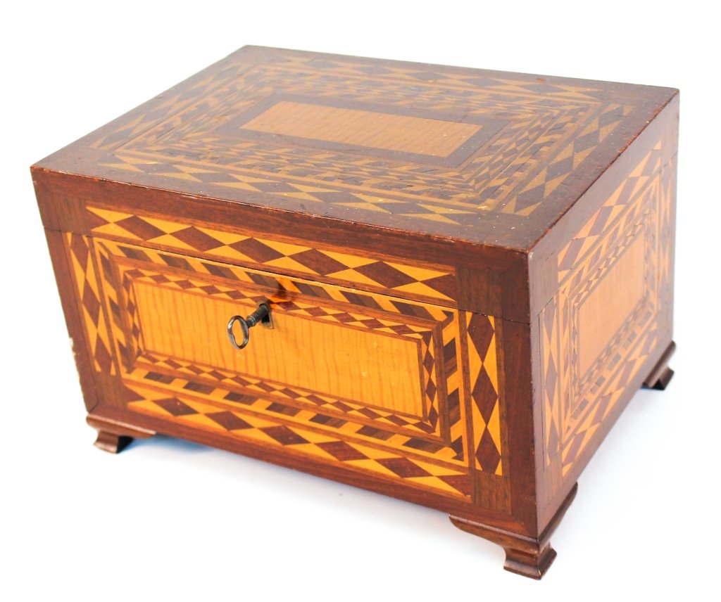 Fine American Federal Folk Art Style Box: late 19th century. exhibiting extensive inlay at all orders atop ogee bracket feet. interior is poplar with maple and walnut surface. H7" W11 1/8" D8" From the Private Collection of Mr. & Mrs. Gary Th