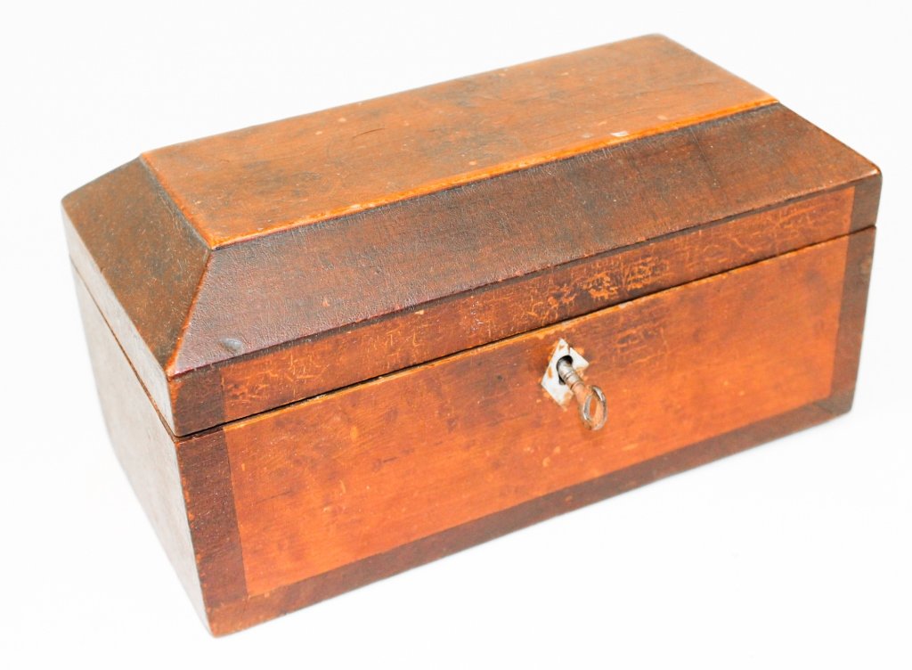 American Country Classical Painted Box: mid 19th century, with early surface. appears to be poplar. H4 1/4" W8 3/4" D4 1/2" From the Private Collection of Mr. & Mrs. Gary Thompson, Travelers Rest, South Carolina.