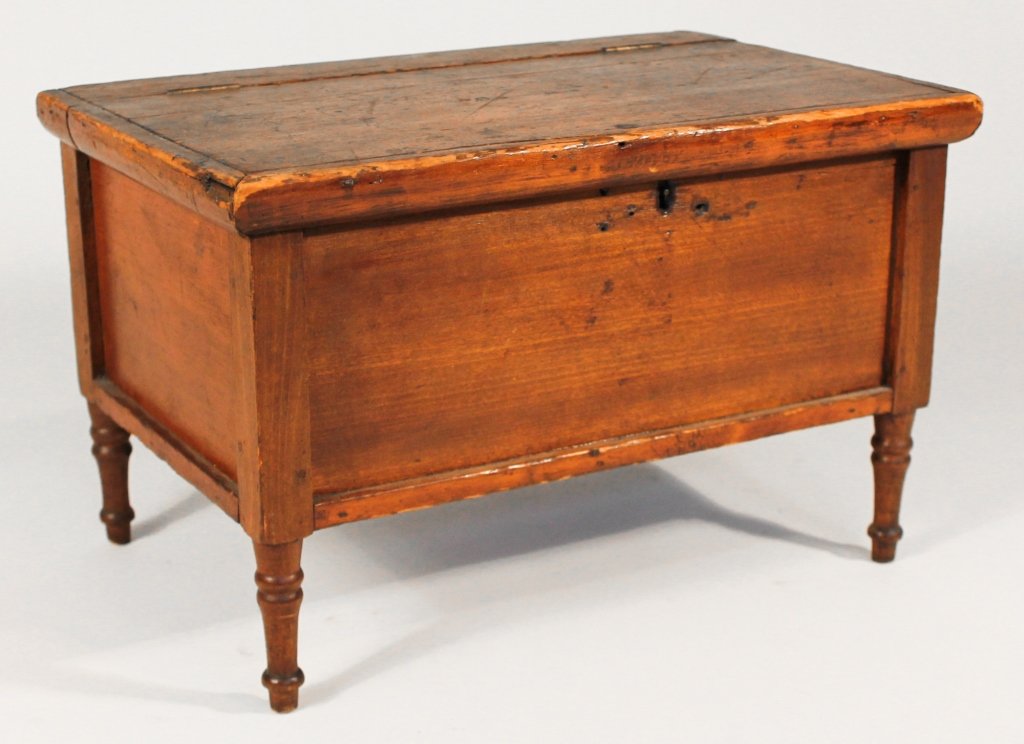 Federal Miniature Pine and Poplar Blanket Box: first half 19th cenetury. hinged and molded lid above panelled box resting on ring-turned legs. H10 1/8" W16" D10 1/4" Private Upcountry, South Carolina Collection.
